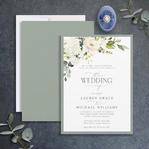 Formal White Grey Green Floral Watercolor Wedding Invitation