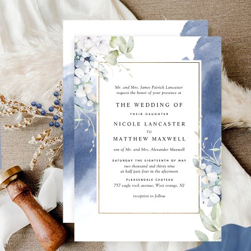 Formal White Navy Blue Floral Watercolor Wedding Invitation