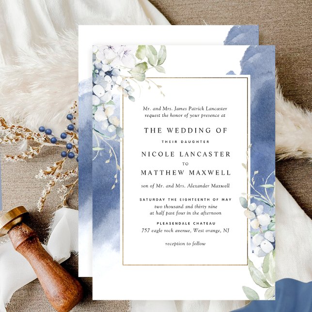 Formal White, Navy Blue Floral Watercolor Wedding Invitation (Creator Uploaded)