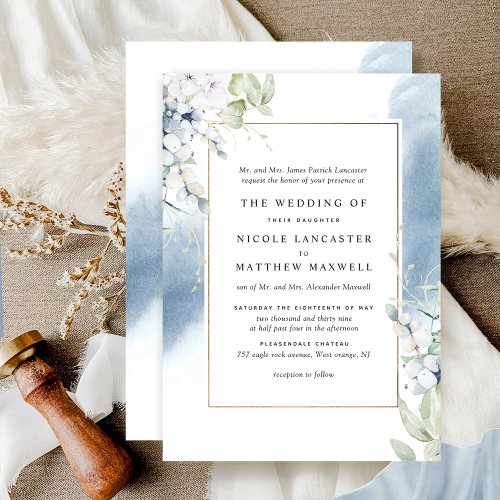 Formal White Pale Blue Floral Watercolor Wedding Invitation