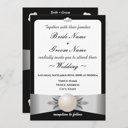 Formal White Ribbon Pearl Photo Wedding Invitation