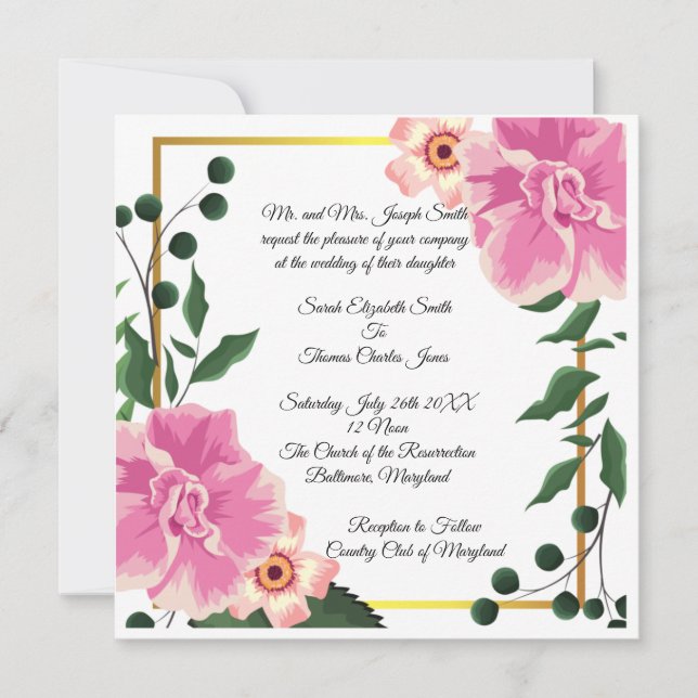 Formal Wording Pink and Green Floral Wedding Invitation (Front)
