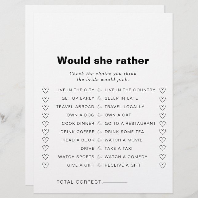 Formal Would She Rather Bridal Shower Game (Front/Back)