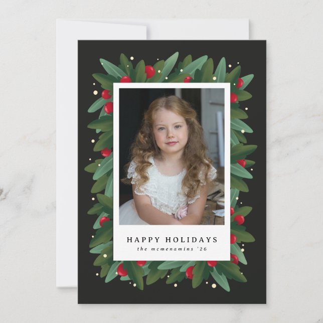 Formal Wreath and Christmas Berries Holiday Card (Front)