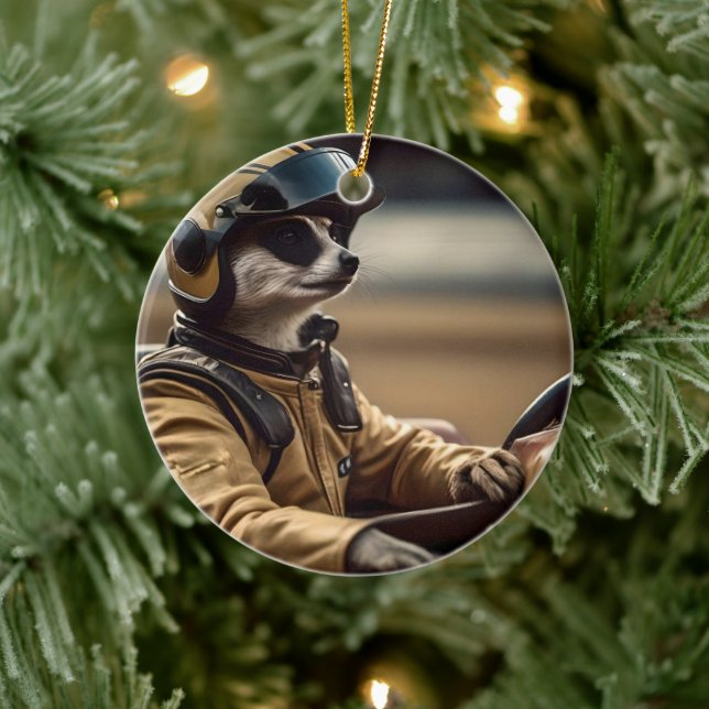 Formula Fun: Professional Meerkat Race Car Driver Ceramic Ornament (Tree)