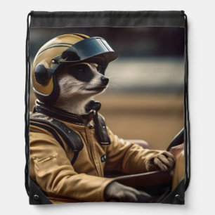 Formula Fun: Professional Meerkat Race Car Driver Drawstring Bag