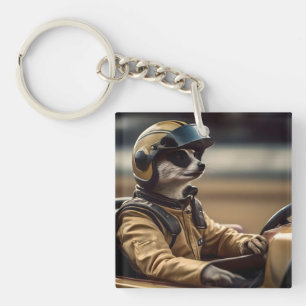 Formula Fun: Professional Meerkat Race Car Driver Keychain