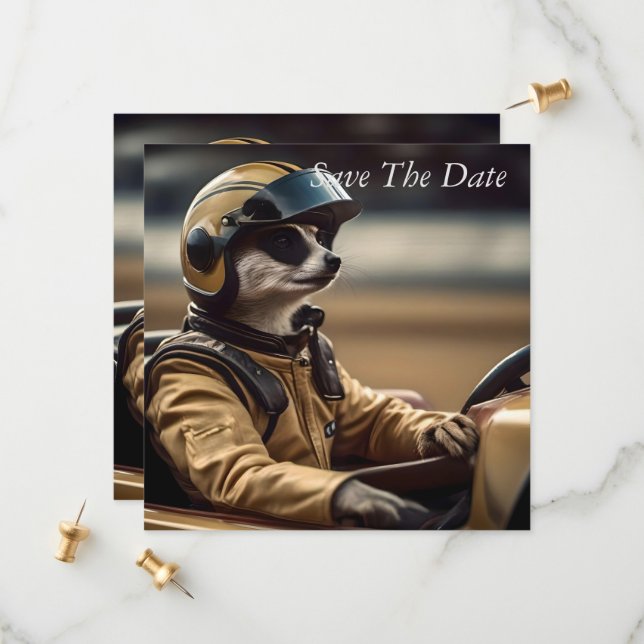 Formula Fun: Professional Meerkat Race Car Driver Save The Date (Front/Back In Situ)