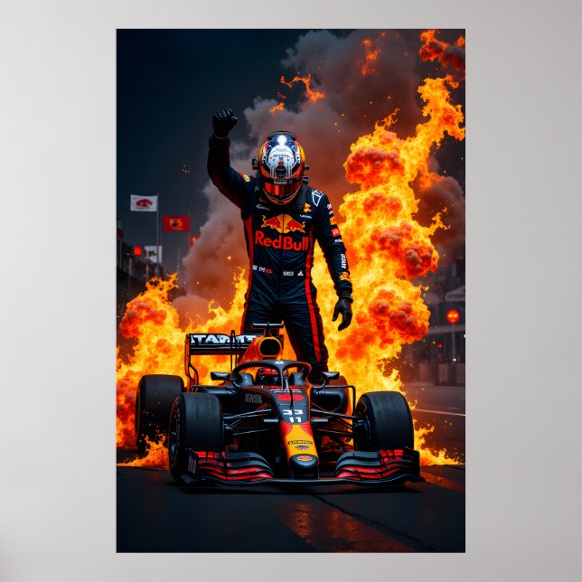 Formula One Racing Champion Celebration with Fire  Poster (Front)