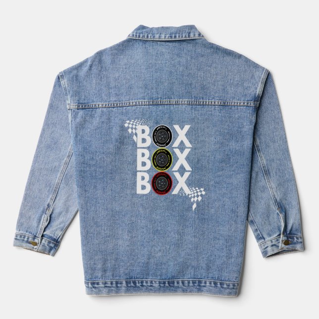 Formula Racing Car Box Box Box Radio Call To Pitbo Denim Jacket (Back)