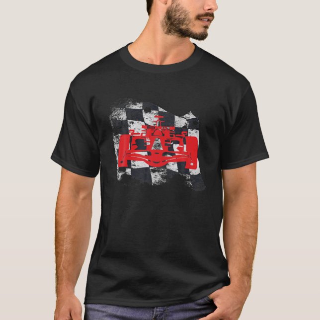 Formula Racing Fan Car Silhouette On Checkered Fla T-Shirt (Front)