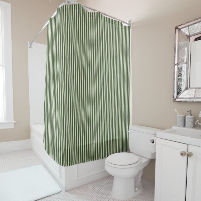 Forrest Green Ticking Stripe Shower Curtain (In Situ)