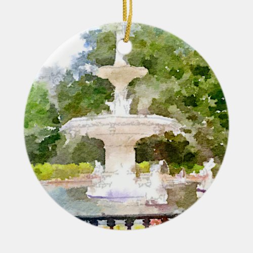 Forsyth Fountain in Savannah GA Watercolor Print Ceramic Ornament