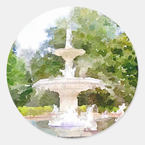 Forsyth Fountain in Savannah GA Watercolor Print Classic Round Sticker