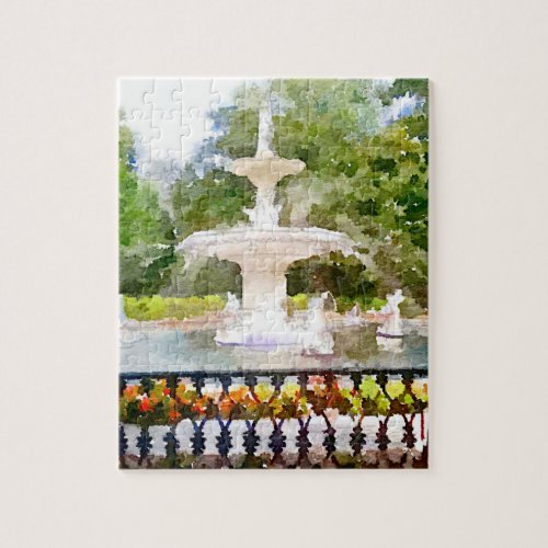 Forsyth Fountain in Savannah GA Watercolor Print Jigsaw Puzzle