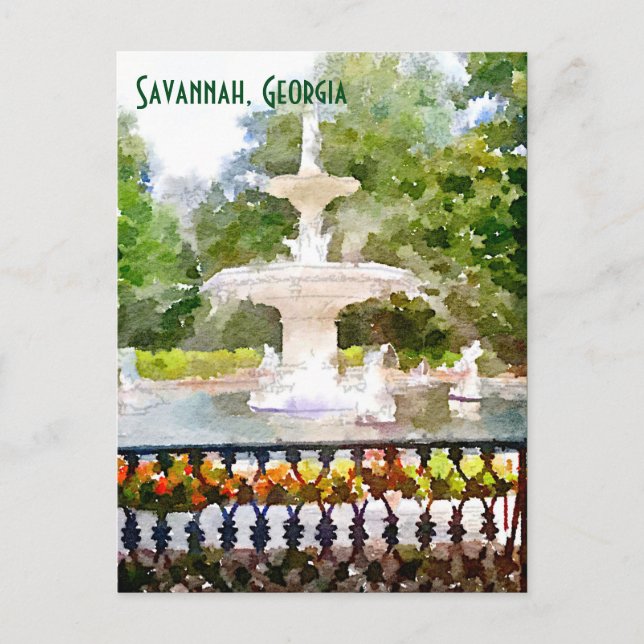 Forsyth Fountain in Savannah GA Watercolor Print Postcard (Front)