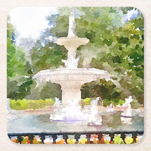 Forsyth Fountain in Savannah GA Watercolor Print Square Paper Coaster