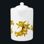 Forsythia Teapot<br><div class="desc">This white porcelain teapot features  golden yellow forsythia flowers.  Forsythias are one of the earliest blooming shrubs in spring.  When this flower shows its bright gold petals in the garden,  we know that winter is gone for another  year.</div>
