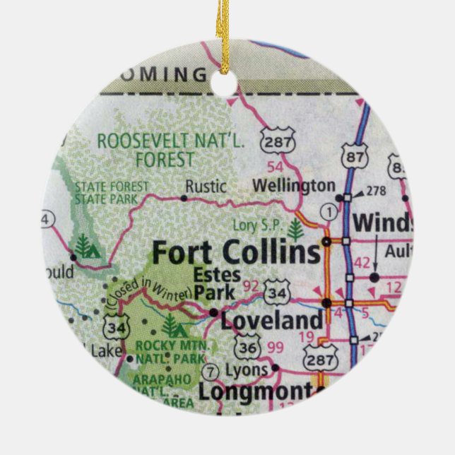 Fort Collins and Estes Park Map Ceramic Ornament (Back)