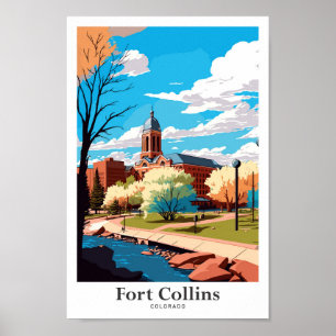 Fort Collins Colorado Travel Vintage Illustration Poster