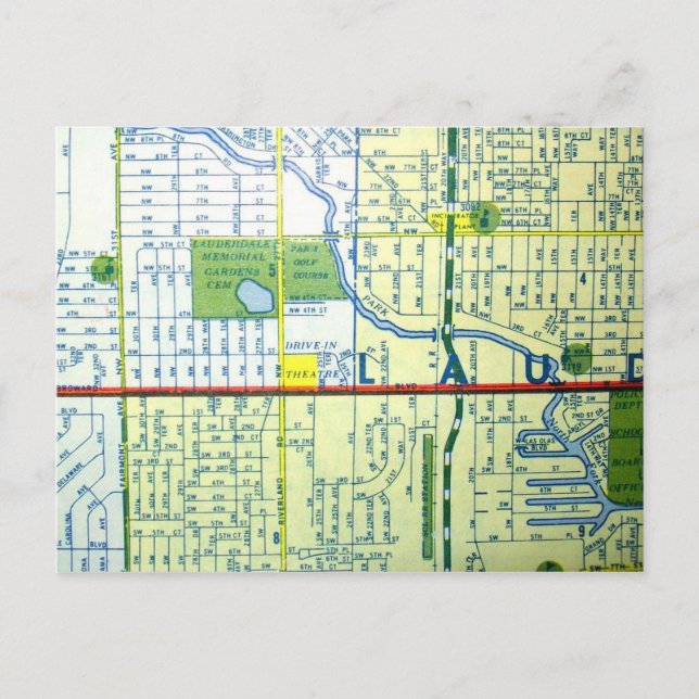 Fort Lauderdale, FL Vintage Map Postcard (Front)