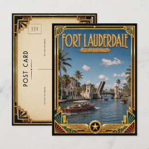 Fort Lauderdale Florida Vintage Art Deco Golden Ag Postcard