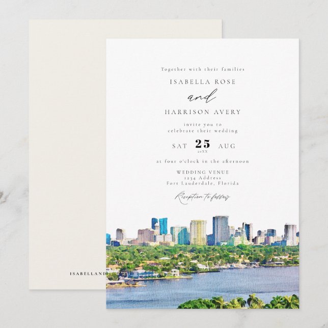 FORT LAUDERDALE Watercolor Skyline Wedding Invitation (Front/Back)