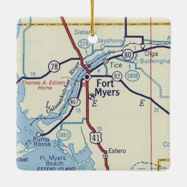 Fort Myers Florida Vintage Map Ceramic Ornament (Back)