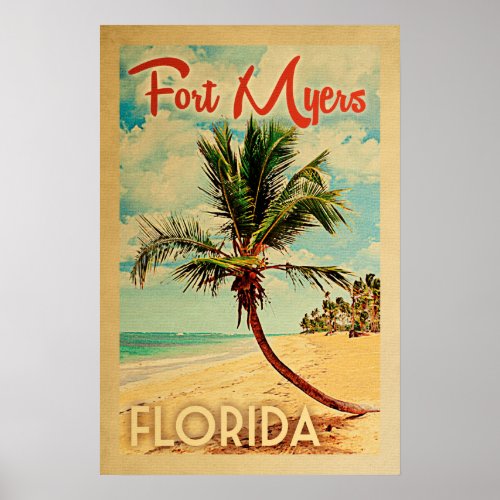 Fort Myers Florida Vintage Palm Tree Beach Poster