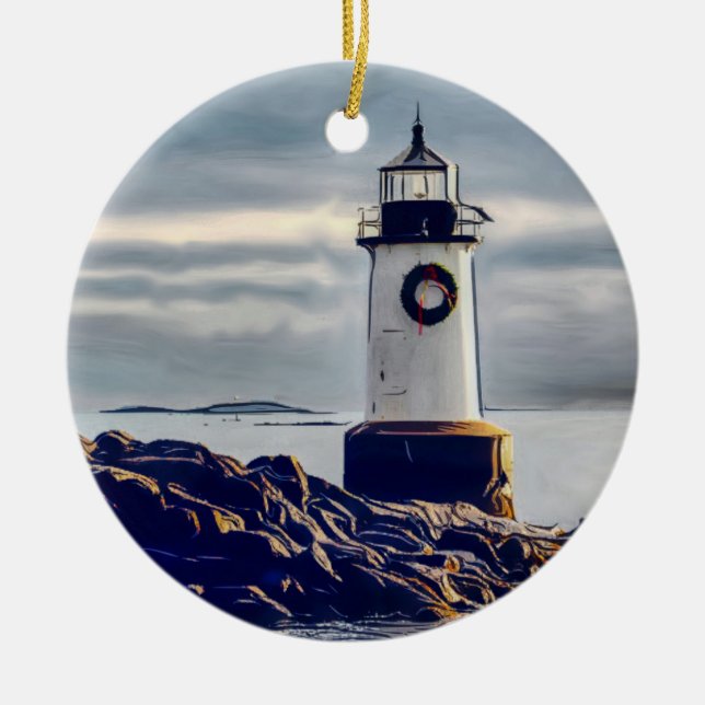 Fort Pickering Light at Christmas Ceramic Ornament (Front)