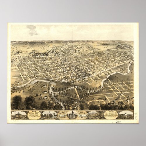 Fort Wayne Indiana 1868 Antique Panoramic Map Poster