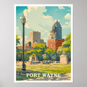 Fort Wayne Indiana Art Vintage Travel Illustration Poster