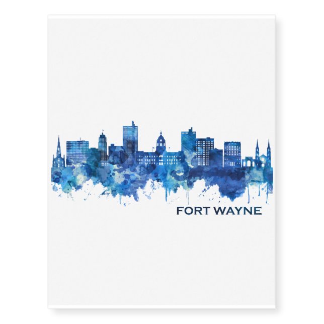 Fort Wayne Indiana Skyline Blue Temporary Tattoos (Front)
