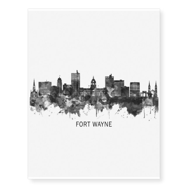 Fort Wayne Indiana Skyline BW Temporary Tattoos (Front)