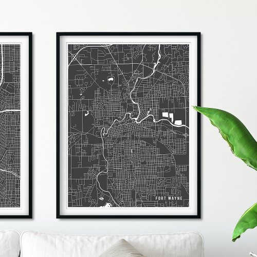 Fort Wayne Map Charcoal Gray Modern Street Map Poster