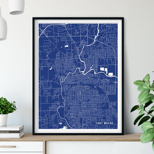 Fort Wayne Map Minimalist Navy Blue Street Map Poster