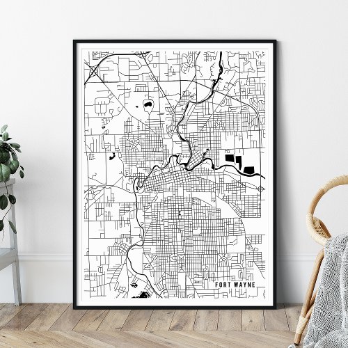 Fort Wayne Map Modern Black and White City Map Poster