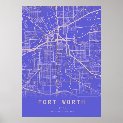 Fort Worth Blue City Map Poster