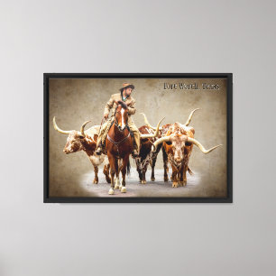 Fort Worth Cattle Drive on Textured Sepia Canvas Print