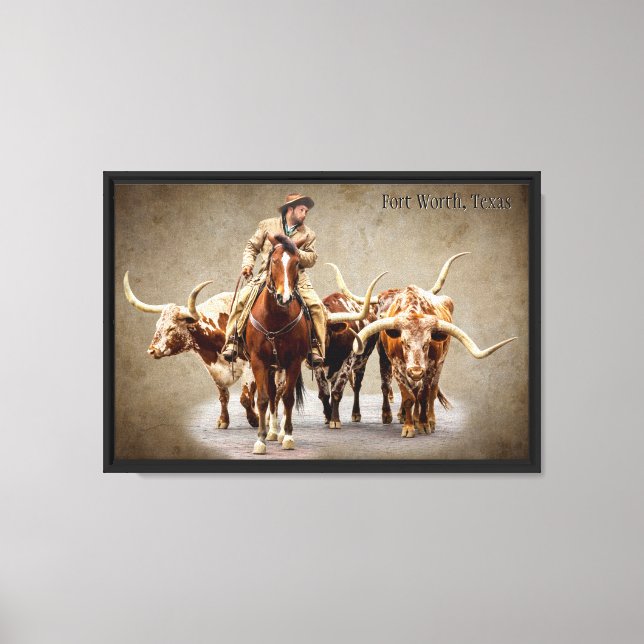 Fort Worth Cattle Drive on Textured Sepia Canvas Print (Front)