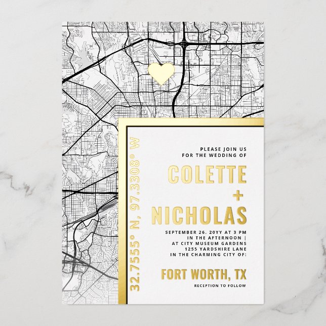 Fort Worth Love Locator | City Themed Wedding Foil Invitation (Front)