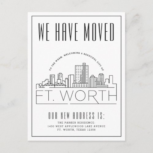 Fort Worth Moving Announcement  Stylized Skyline  Postcard