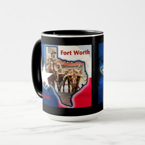 Fort Worth Stock Yards Texas Graphic on black Mug