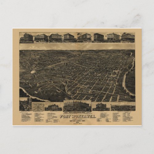 Fort Worth Texas Birds Eye View 1886 Postcard