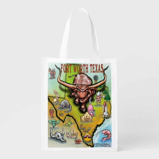 Fort Worth Texas Cartoon Map Reusable Grocery Bag (Front)