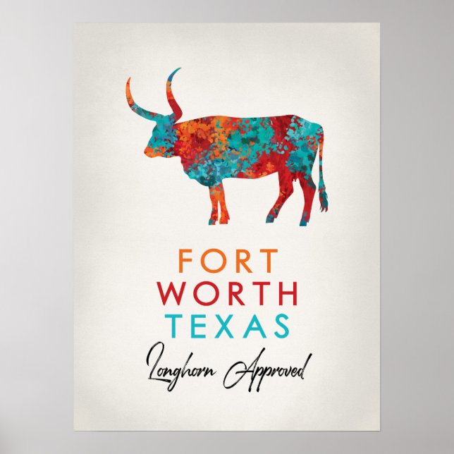 Fort Worth Texas Colorful Longhorn Poster (Front)