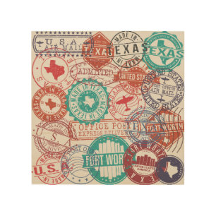 Fort Worth Texas: travel stamps. Wood Wall Art
