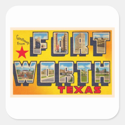 Fort Worth Texas TX Vintage Large Letter Postcard Square Sticker