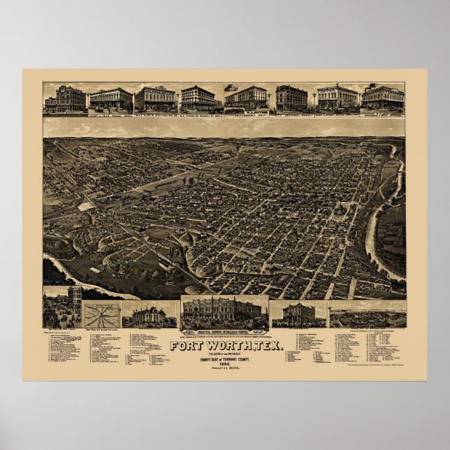 Fort Worth, TX Panoramic Map - 1886 Poster (Front)