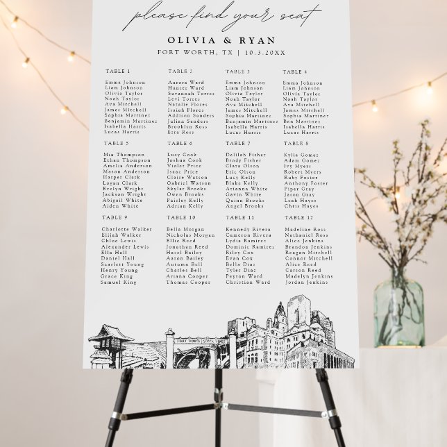 Fort Worth Wedding Seating Chart 24x36, 12 Tables Foam Board (In Situ (Stand))